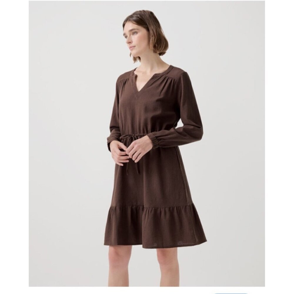 Pact Womens Organic Cotton Brown Tiered Midi Dress Tie Waist Pockets Medium